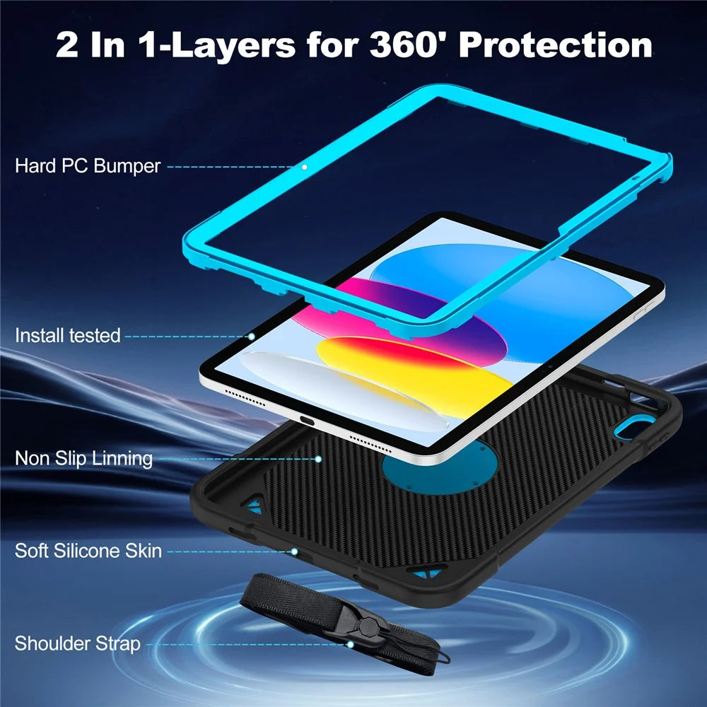 For iPad (2025) / iPad 10.9 (2022) Case Kickstand Space Planet PC + Silicone Tablet Cover with Shoulder Strap - Black + Blue - 5