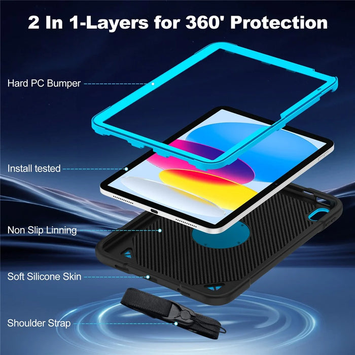 For iPad (2025) / iPad 10.9 (2022) Case Kickstand Space Planet PC + Silicone Tablet Cover with Shoulder Strap - Black + Blue - 5