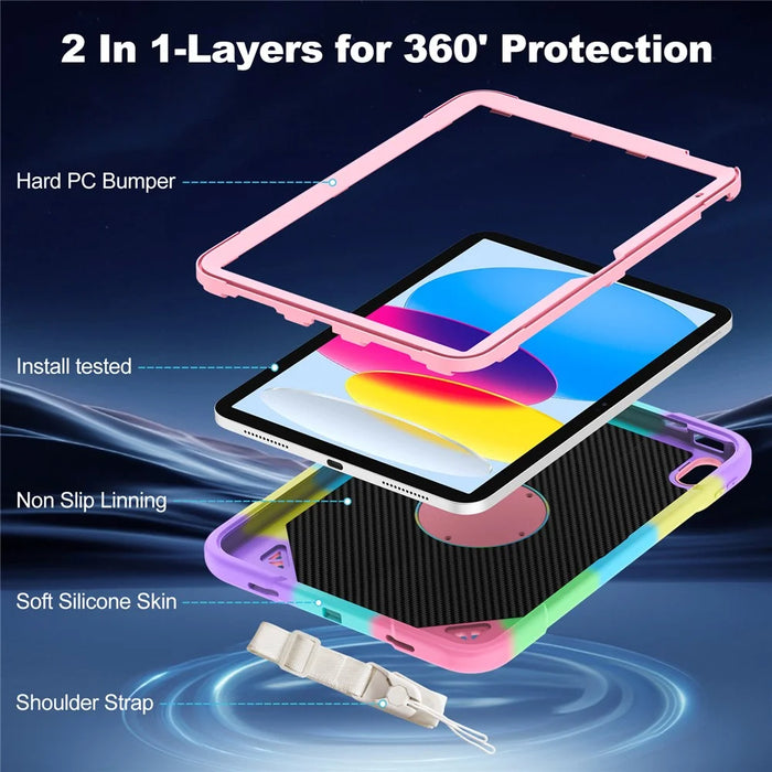 For iPad (2025) / iPad 10.9 (2022) Case Kickstand Colorful Space Planet PC + Silicone Tablet Cover with Shoulder Strap - Colorful Purple - 4