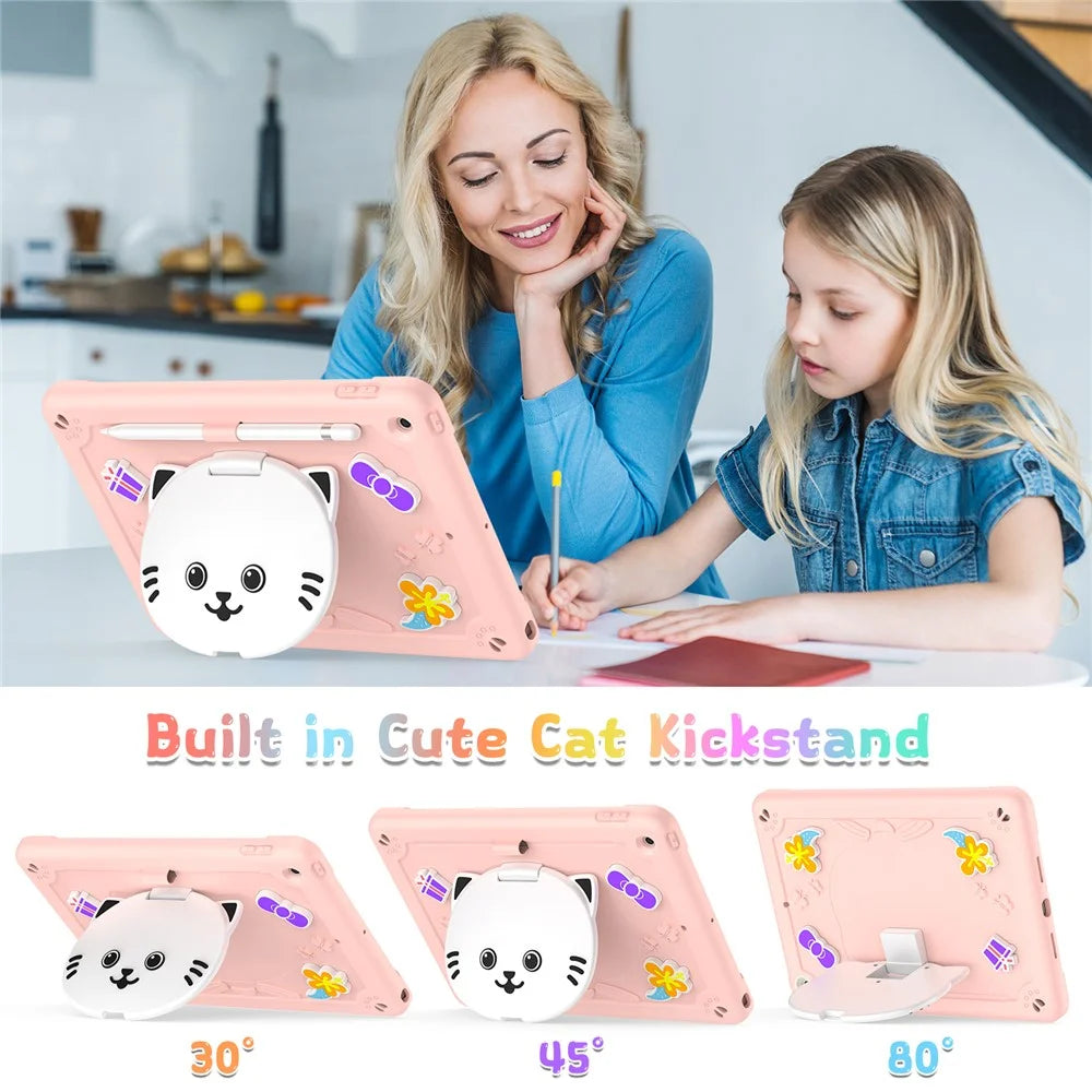 For iPad 10.2 (2021) / (2020) / (2019) Case with Cat Kickstand PC + Silicone Tablet Cover - Rose Pink - 2
