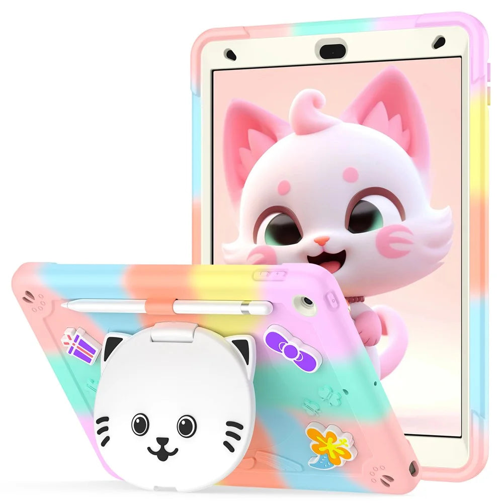 For iPad 10.2 (2021) / (2020) / (2019) Case with Cat Kickstand PC + Silicone Colorful Tablet Cover - Colorful Rose Gold - 1