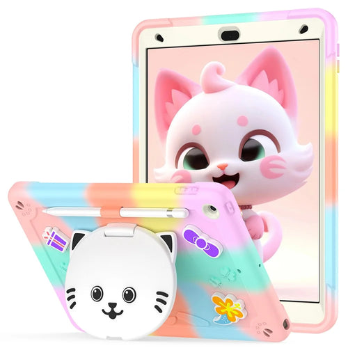 For iPad 10.2 (2021) / (2020) / (2019) Case with Cat Kickstand PC + Silicone Colorful Tablet Cover - Colorful Rose Gold - 1