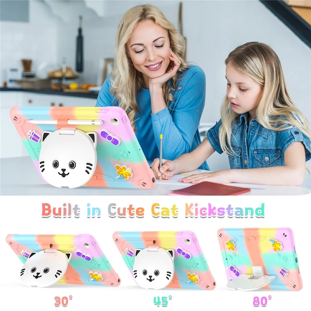 For iPad 10.2 (2021) / (2020) / (2019) Case with Cat Kickstand PC + Silicone Colorful Tablet Cover - Colorful Rose Gold - 2