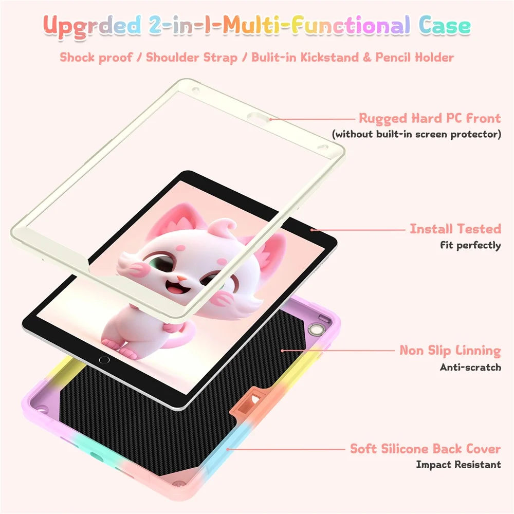For iPad 10.2 (2021) / (2020) / (2019) Case with Cat Kickstand PC + Silicone Colorful Tablet Cover - Colorful Rose Gold - 3