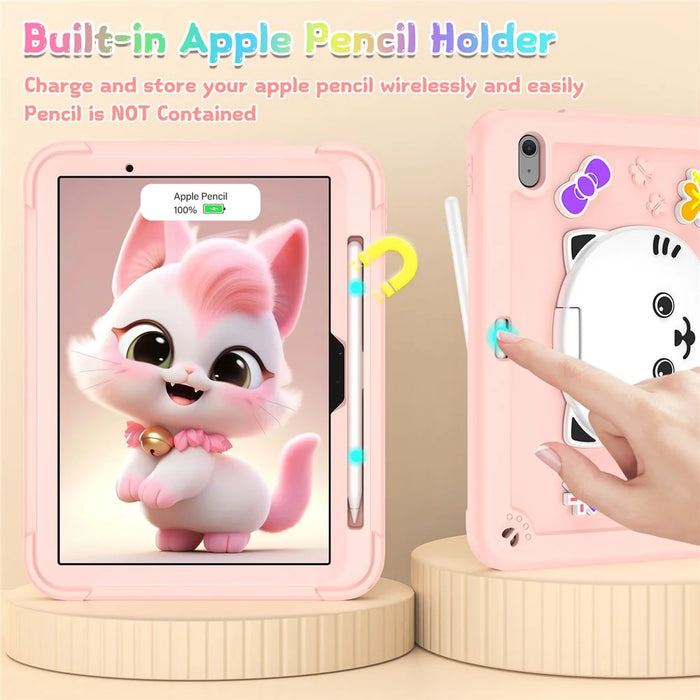 For iPad Air 11 (2026) / (2025) / (2024) Case with Cat Kickstand PC + Silicone Tablet Cover - Rose Pink - 3