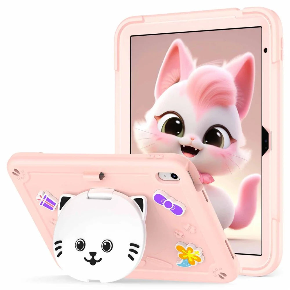 For iPad (2025) / iPad 10.9 (2022) Case with Cat Kickstand PC + Silicone Tablet Cover - Rose Pink - 1