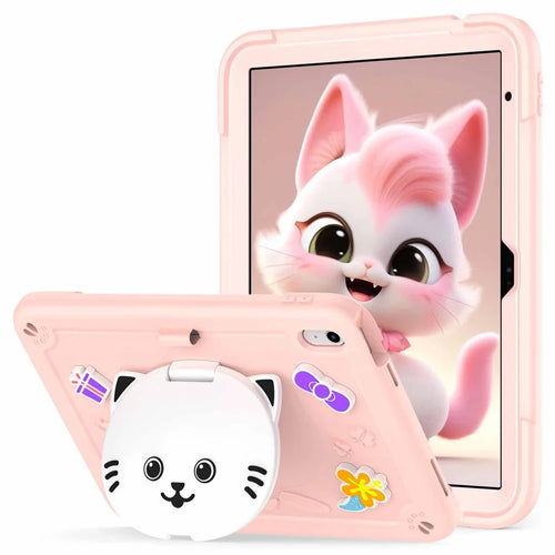 For iPad (2025) / iPad 10.9 (2022) Case with Cat Kickstand PC + Silicone Tablet Cover - Rose Pink - 1