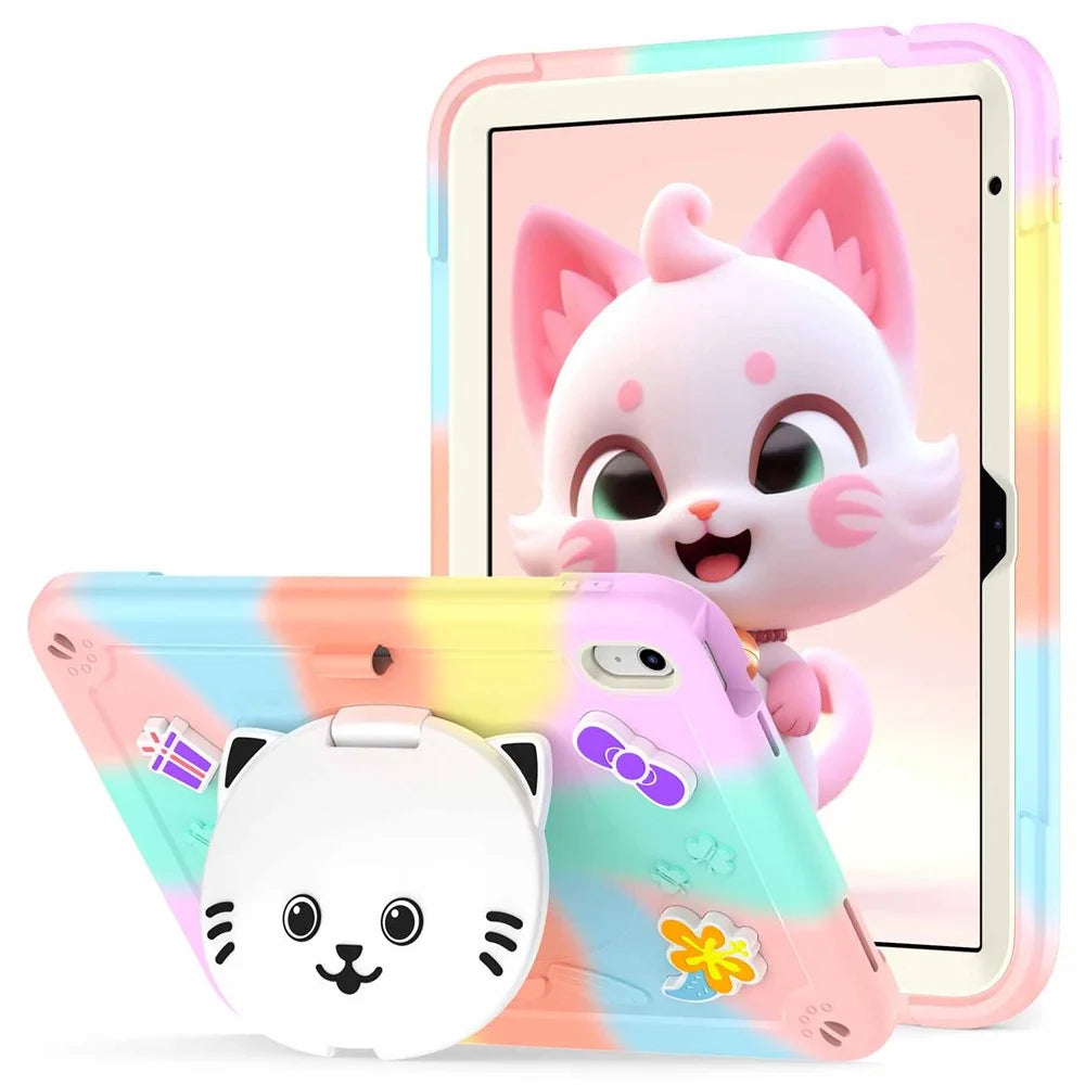 For iPad (2025) / iPad 10.9 (2022) Case with Cat Kickstand PC + Silicone Colorful Tablet Cover - Colorful Rose Gold - 1