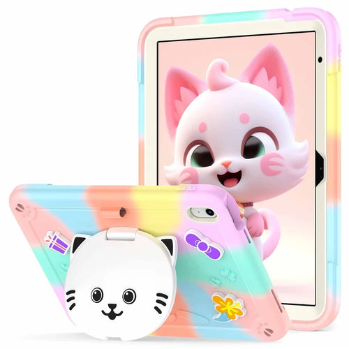 For iPad (2025) / iPad 10.9 (2022) Case with Cat Kickstand PC + Silicone Colorful Tablet Cover - Colorful Rose Gold - 1