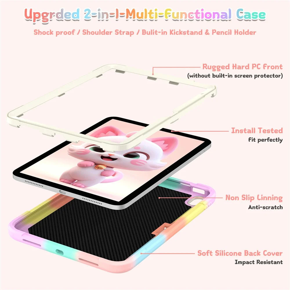 For iPad (2025) / iPad 10.9 (2022) Case with Cat Kickstand PC + Silicone Colorful Tablet Cover - Colorful Rose Gold - 2