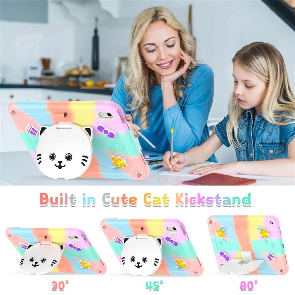 For iPad (2025) / iPad 10.9 (2022) Case with Cat Kickstand PC + Silicone Colorful Tablet Cover - Colorful Rose Gold - 4