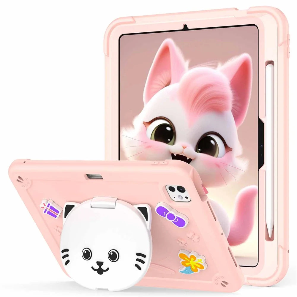 For iPad Pro 11 (2025) / 11 (2024) Case with Cat Kickstand PC + Silicone Tablet Cover - Rose Pink - 1