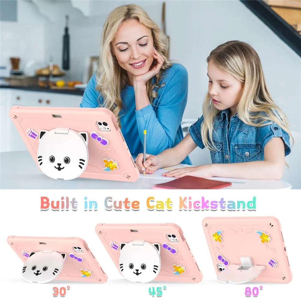 For iPad Pro 11 (2025) / 11 (2024) Case with Cat Kickstand PC + Silicone Tablet Cover - Rose Pink - 4