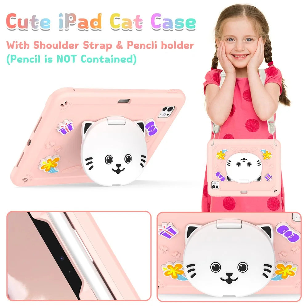 For iPad Pro 11 (2025) / 11 (2024) Case with Cat Kickstand PC + Silicone Tablet Cover - Rose Pink - 5