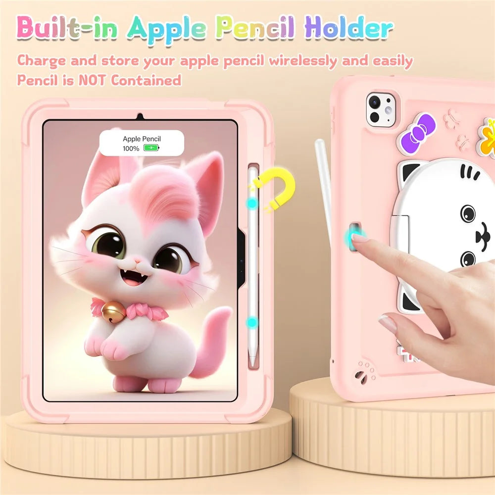 For iPad Pro 11 (2025) / 11 (2024) Case with Cat Kickstand PC + Silicone Tablet Cover - Rose Pink - 7