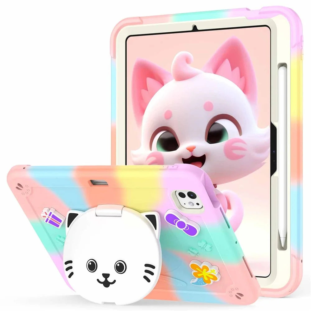 For iPad Pro 11 (2025) / 11 (2024) Case with Cat Kickstand PC + Silicone Colorful Tablet Cover - Colorful Rose Gold - 1