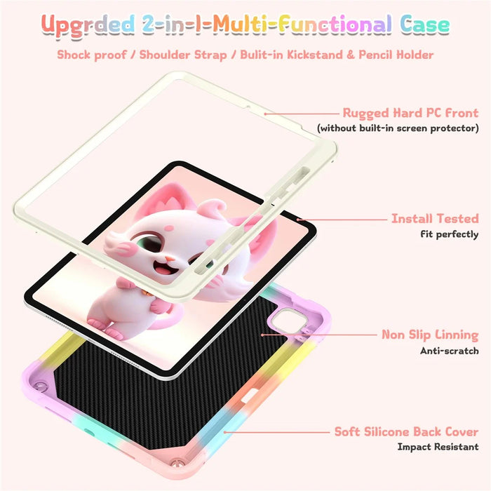 For iPad Pro 11 (2025) / 11 (2024) Case with Cat Kickstand PC + Silicone Colorful Tablet Cover - Colorful Rose Gold - 2