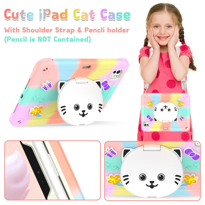 For iPad Pro 11 (2025) / 11 (2024) Case with Cat Kickstand PC + Silicone Colorful Tablet Cover - Colorful Rose Gold - 5