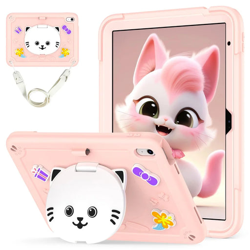 For iPad (2025) / iPad 10.9 (2022) Case PC + Silicone Tablet Cover with Cat Kickstand / Shoulder Strap - Rose Pink - 1