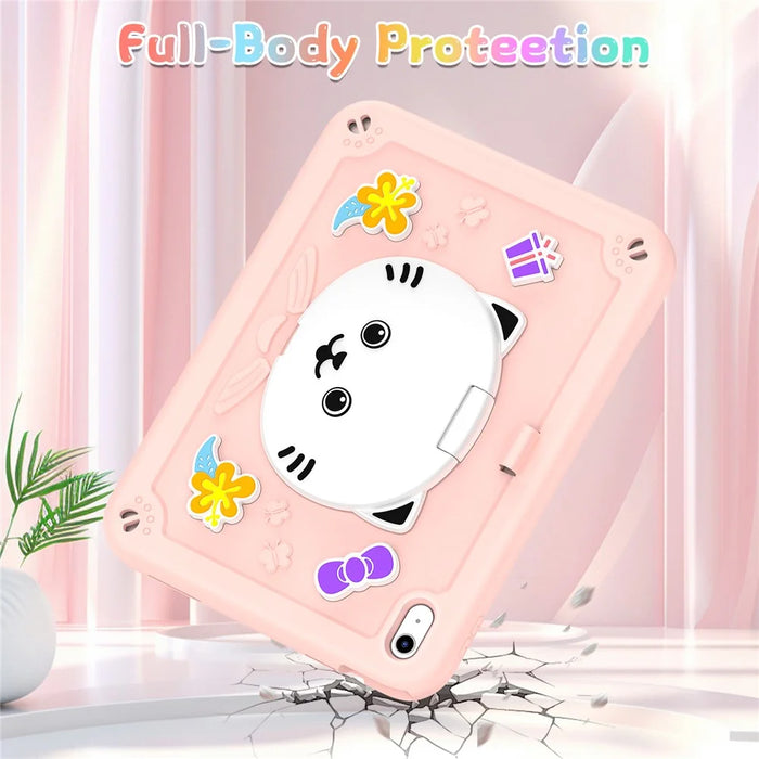 For iPad (2025) / iPad 10.9 (2022) Case PC + Silicone Tablet Cover with Cat Kickstand / Shoulder Strap - Rose Pink - 3