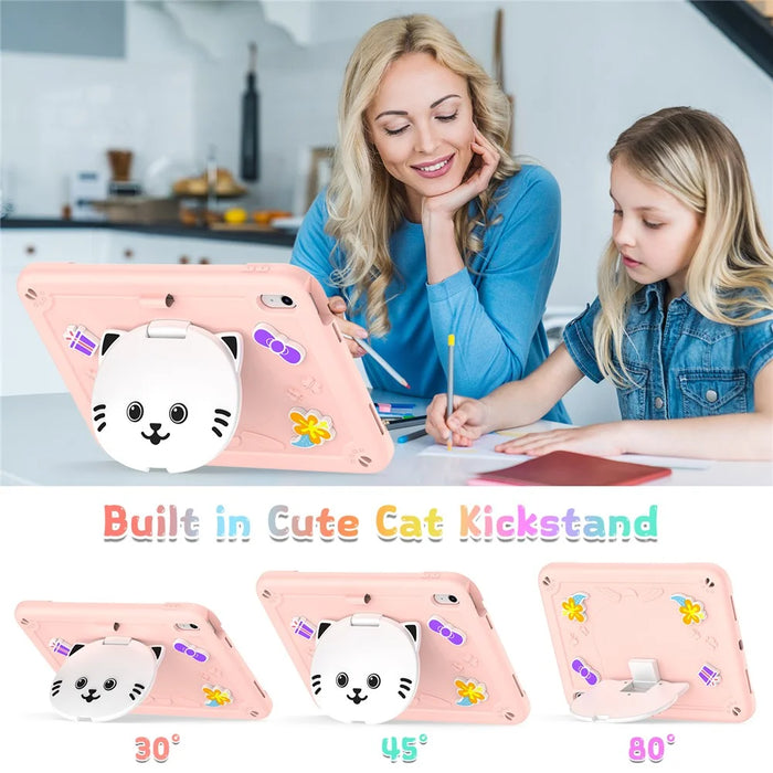 For iPad (2025) / iPad 10.9 (2022) Case PC + Silicone Tablet Cover with Cat Kickstand / Shoulder Strap - Rose Pink - 4