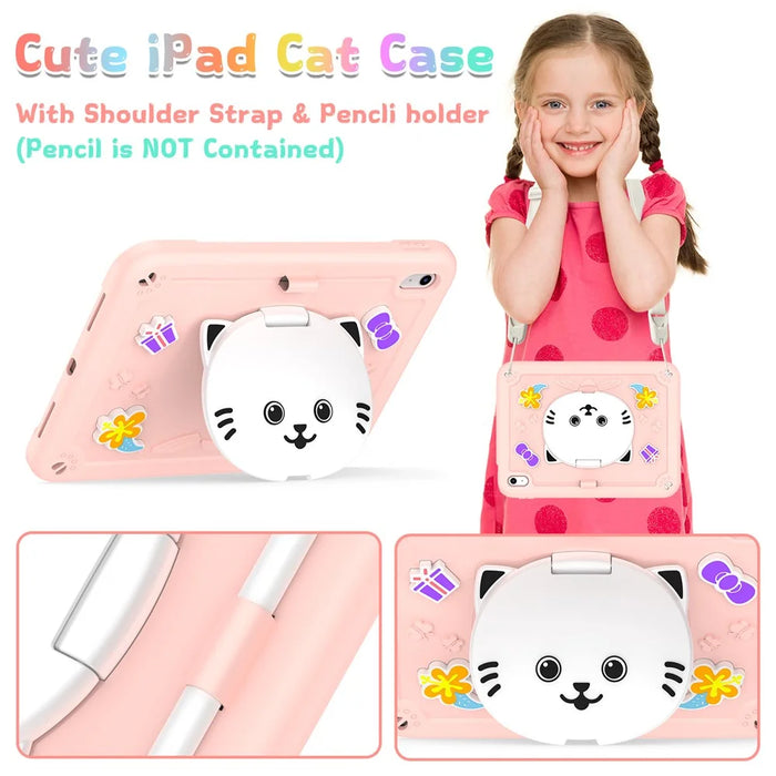 For iPad (2025) / iPad 10.9 (2022) Case PC + Silicone Tablet Cover with Cat Kickstand / Shoulder Strap - Rose Pink - 5