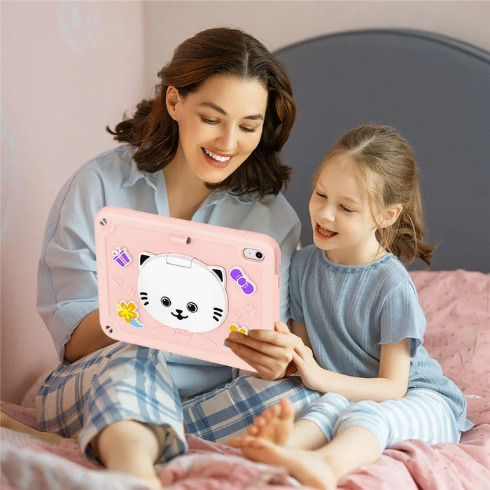 For iPad (2025) / iPad 10.9 (2022) Case PC + Silicone Tablet Cover with Cat Kickstand / Shoulder Strap - Rose Pink - 7