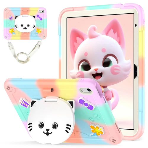 For iPad (2025) / iPad 10.9 (2022) Case PC + Silicone Colorful Tablet Cover with Cat Kickstand / Shoulder Strap - Colorful Rose Gold - 1