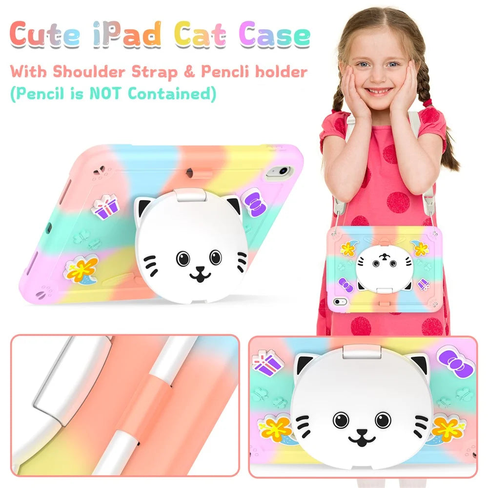 For iPad (2025) / iPad 10.9 (2022) Case PC + Silicone Colorful Tablet Cover with Cat Kickstand / Shoulder Strap - Colorful Rose Gold - 5