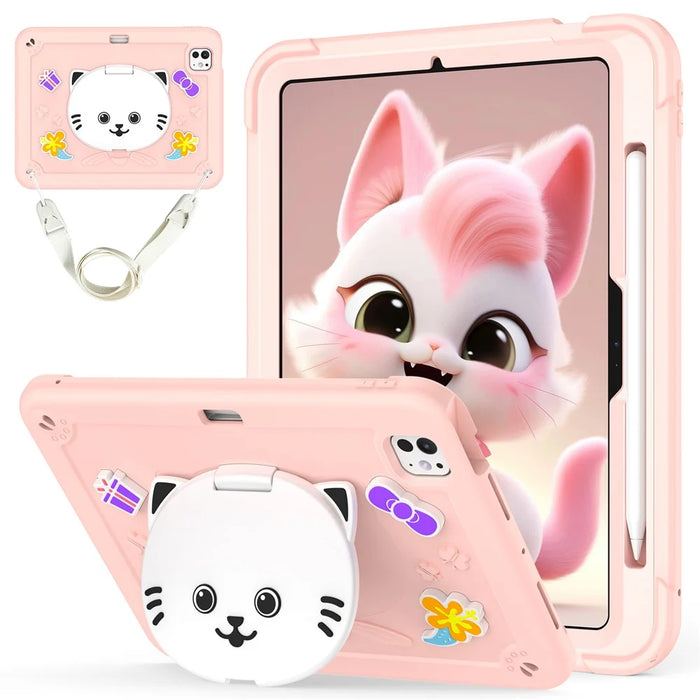 For iPad Pro 11 (2025) / 11 (2024) Case PC + Silicone Tablet Cover with Cat Kickstand / Shoulder Strap - Rose Pink - 1