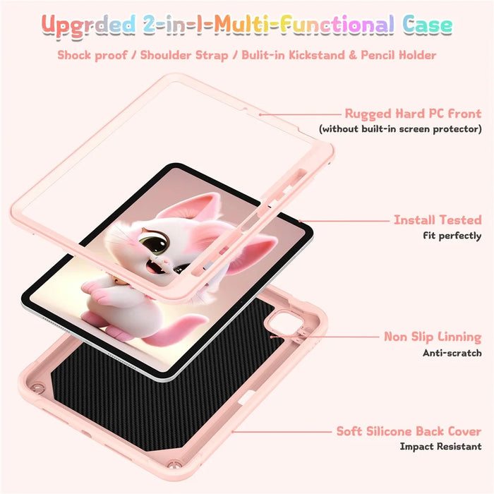 For iPad Pro 11 (2025) / 11 (2024) Case PC + Silicone Tablet Cover with Cat Kickstand / Shoulder Strap - Rose Pink - 2