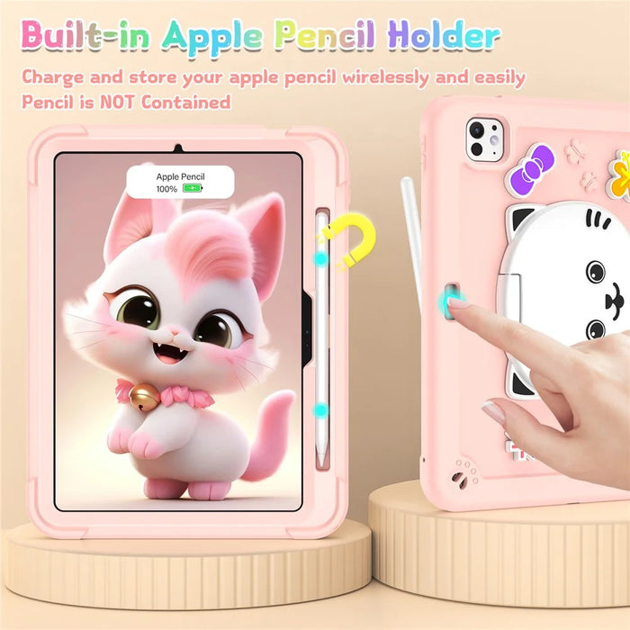 For iPad Pro 11 (2025) / 11 (2024) Case PC + Silicone Tablet Cover with Cat Kickstand / Shoulder Strap - Rose Pink - 7