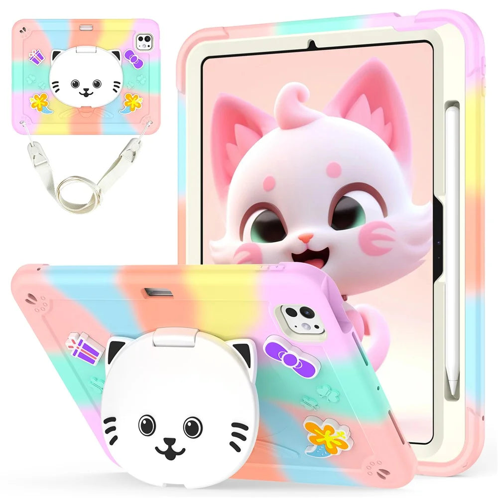 For iPad Pro 11 (2025) / 11 (2024) Case PC + Silicone Colorful Tablet Cover with Cat Kickstand / Shoulder Strap - Colorful Rose Gold - 1