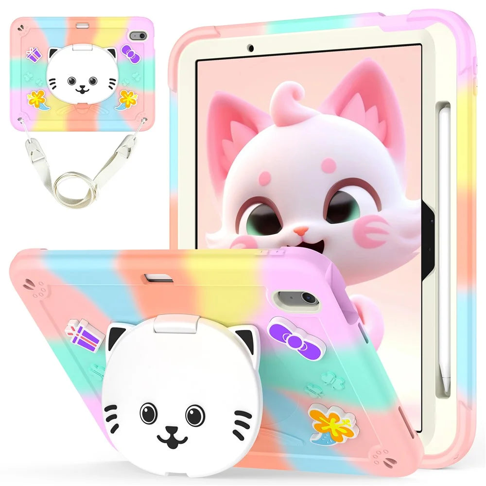 For iPad Air 11 (2026) / (2025) / (2024) Case PC + Silicone Colorful Tablet Cover with Cat Kickstand / Shoulder Strap - Colorful Rose Gold - 1