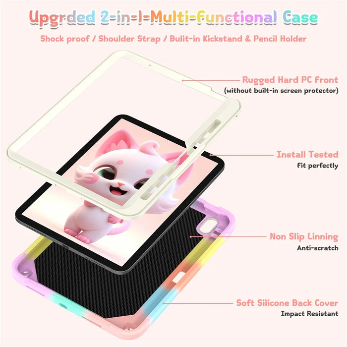For iPad Air 11 (2026) / (2025) / (2024) Case PC + Silicone Colorful Tablet Cover with Cat Kickstand / Shoulder Strap - Colorful Rose Gold - 2
