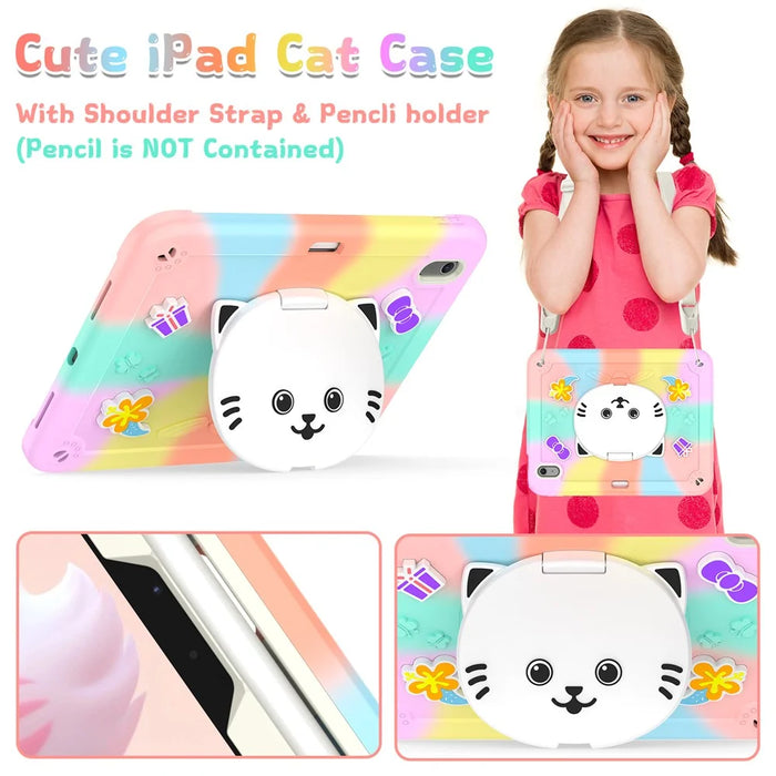 For iPad Air 11 (2026) / (2025) / (2024) Case PC + Silicone Colorful Tablet Cover with Cat Kickstand / Shoulder Strap - Colorful Rose Gold - 5