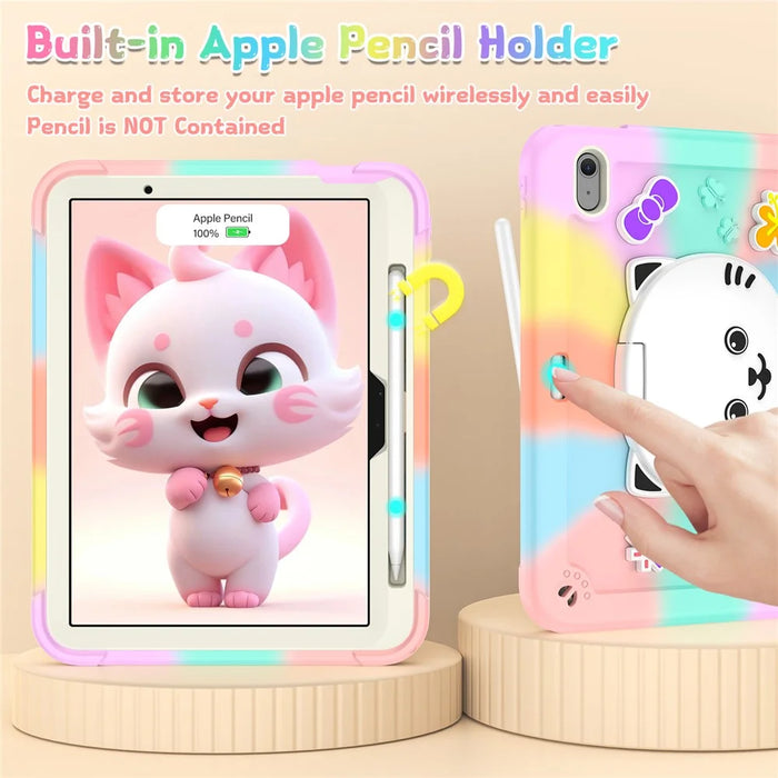 For iPad Air 11 (2026) / (2025) / (2024) Case PC + Silicone Colorful Tablet Cover with Cat Kickstand / Shoulder Strap - Colorful Rose Gold - 7