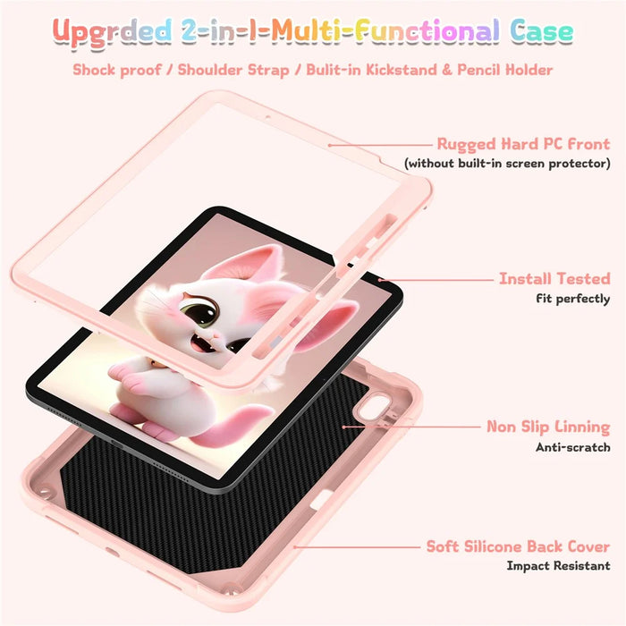For iPad Air 11 (2026) / (2025) / (2024) Case PC + Silicone Tablet Cover with Cat Kickstand / Shoulder Strap - Rose Pink - 2