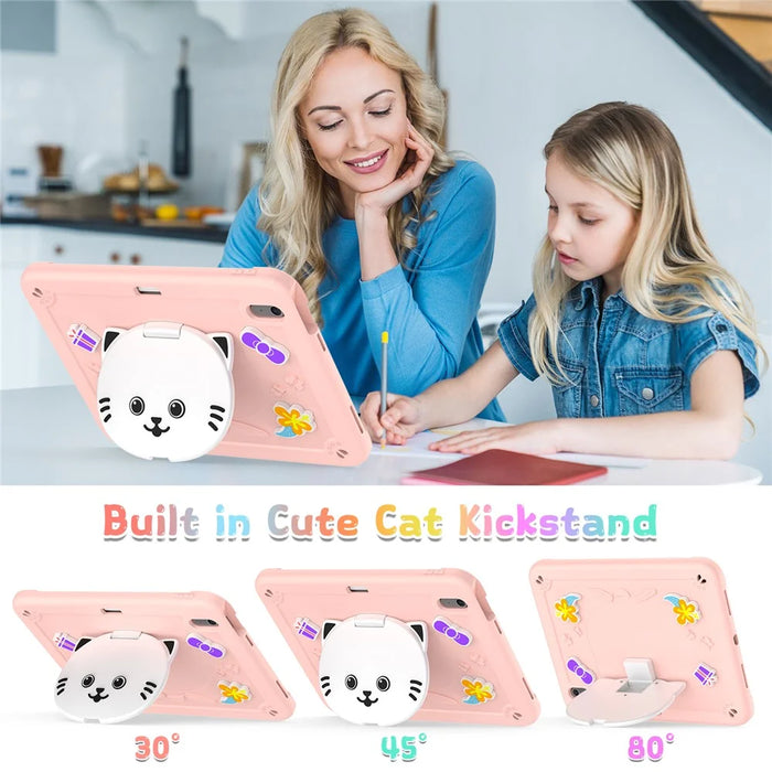 For iPad Air 11 (2026) / (2025) / (2024) Case PC + Silicone Tablet Cover with Cat Kickstand / Shoulder Strap - Rose Pink - 4