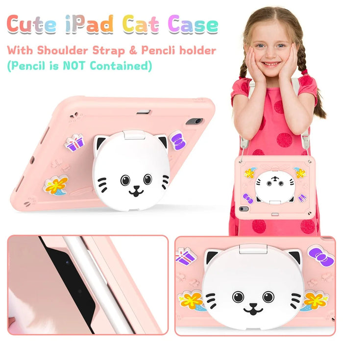 For iPad Air 11 (2026) / (2025) / (2024) Case PC + Silicone Tablet Cover with Cat Kickstand / Shoulder Strap - Rose Pink - 5