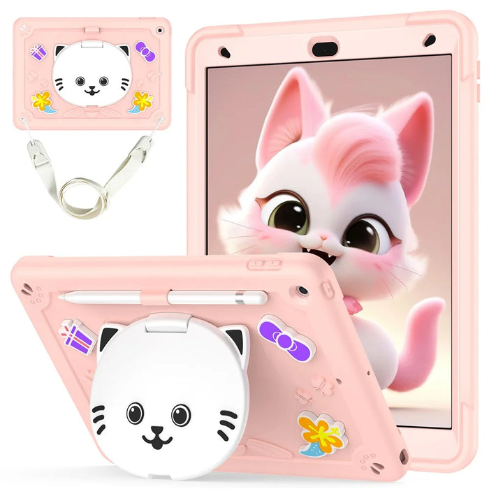 For iPad 10.2 (2021) / (2020) / (2019) Case PC + Silicone Tablet Cover with Cat Kickstand / Shoulder Strap - Rose Pink - 1
