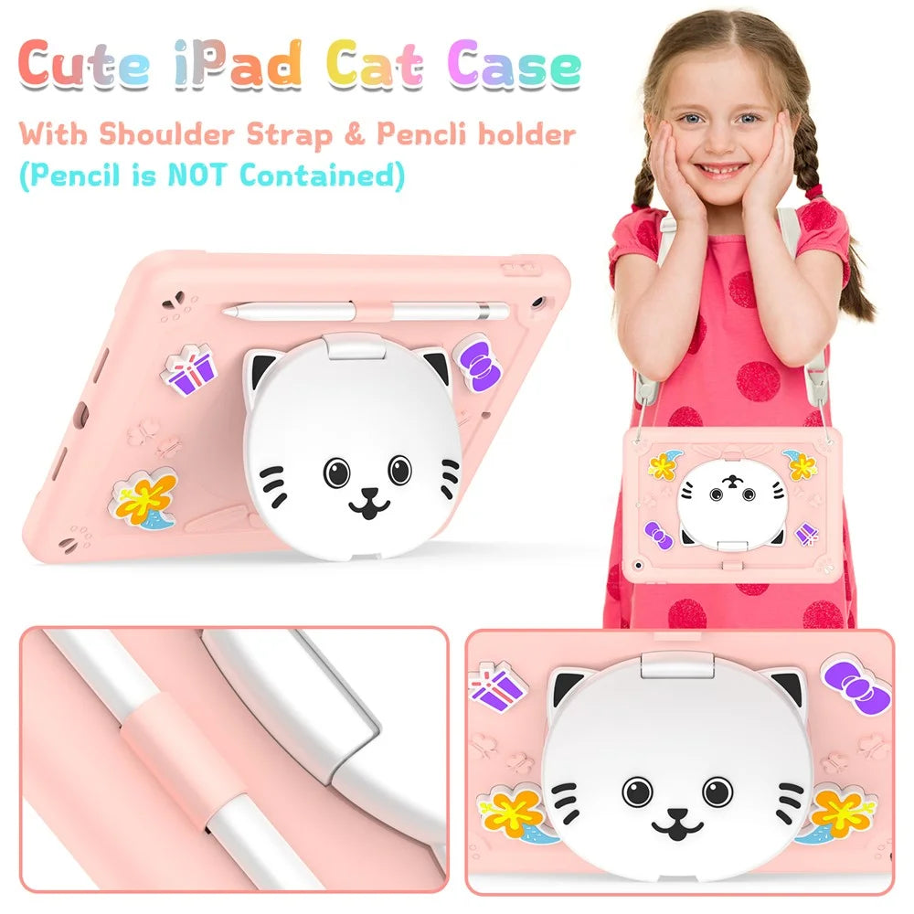 For iPad 10.2 (2021) / (2020) / (2019) Case PC + Silicone Tablet Cover with Cat Kickstand / Shoulder Strap - Rose Pink - 5