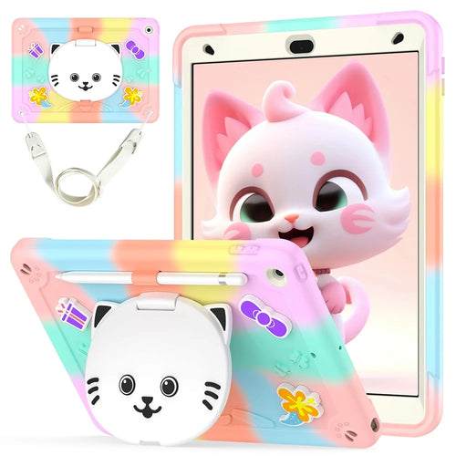 For iPad 10.2 (2021) / (2020) / (2019) Case PC + Silicone Colorful Tablet Cover with Cat Kickstand / Shoulder Strap - Colorful Rose Gold - 1
