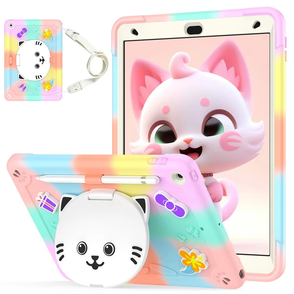 For iPad 10.2 (2021) / (2020) / (2019) Case PC + Silicone Colorful Tablet Cover with Cat Kickstand / Shoulder Strap - Colorful Rose Gold - 3