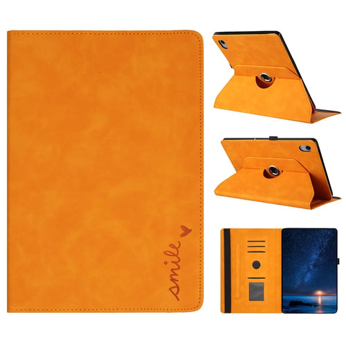 For iPad (2025)  /  10.9 (2022) Case Rotating Stand Card Holder Smile Imprinted Microfiber Leather Tablet Cover - Khaki - 1