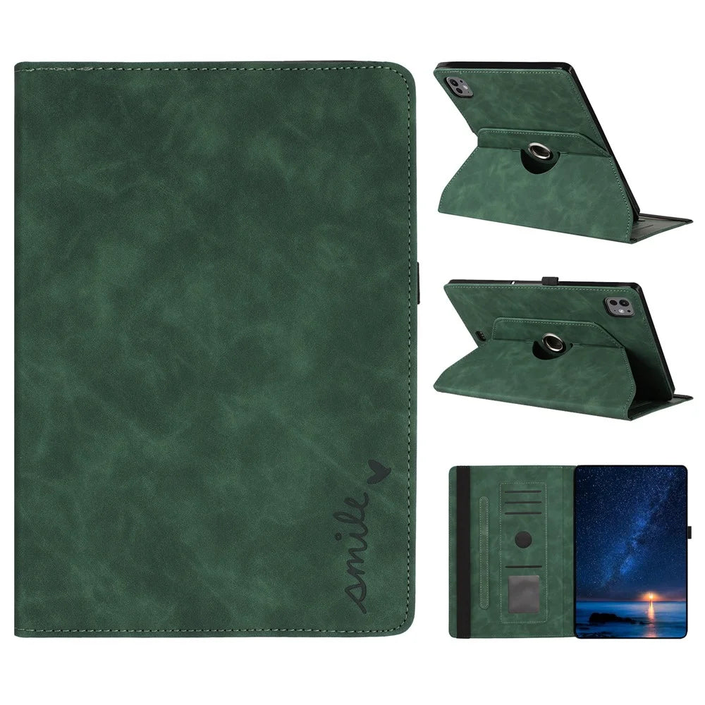 Tablet Case For iPad Air 11 (2026) / (2025) / (2024) / Air (2022) / (2020) Rotating Stand Card Holder Smile Imprinted Microfiber Leather Cover - Green - 1