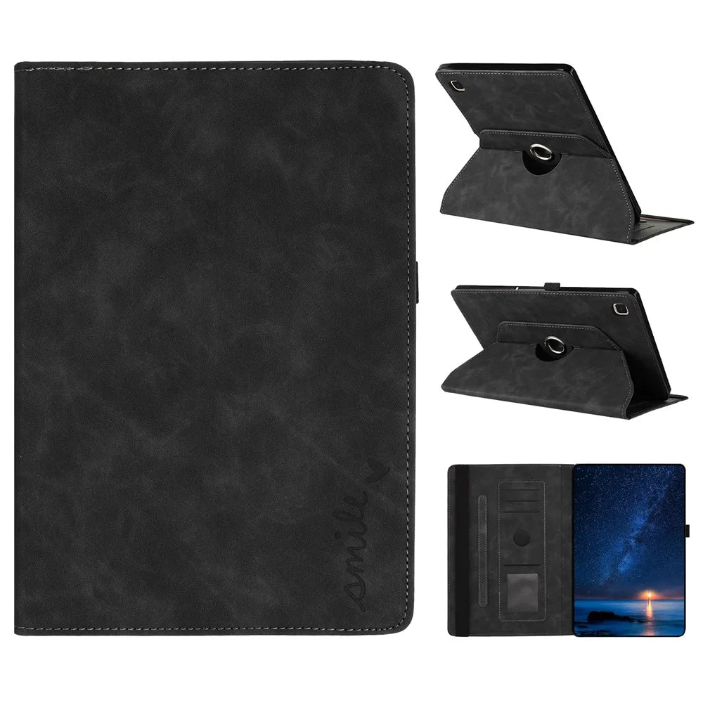 For Samsung Galaxy Tab A7 10.4 (2020) Case Rotating Stand Card Holder Smile Imprinted Microfiber Leather Tablet Cover - Black - 1