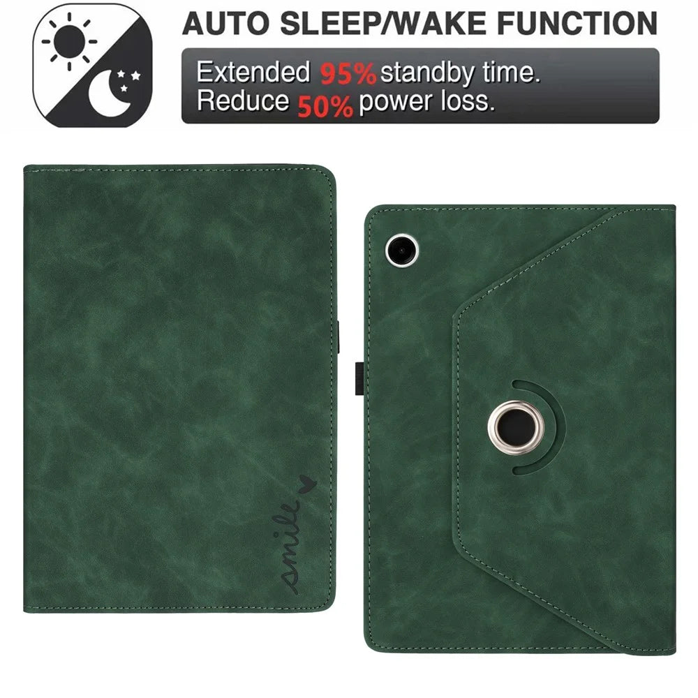 For Samsung Galaxy Tab A11  /  A9 Case Rotating Stand Card Holder Smile Imprinted Microfiber Leather Tablet Cover - Green - 5