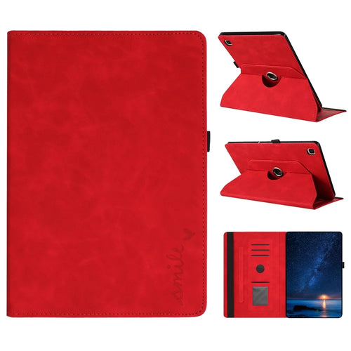 For Samsung Galaxy Tab A 10.1 (2019) Case Rotating Stand Card Holder Smile Imprinted Microfiber Leather Tablet Cover - Red - 1