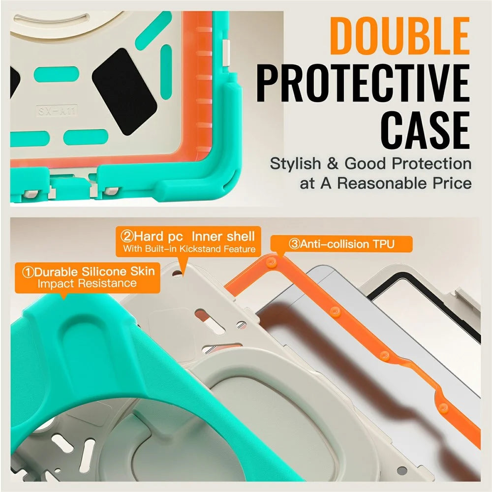Tablet Case for Samsung Galaxy Tab A11  /  SM-X133  /  X135 TPU + PC + Silicone Cover Swivel Kickstand Handle Grip - Mint Green - 6